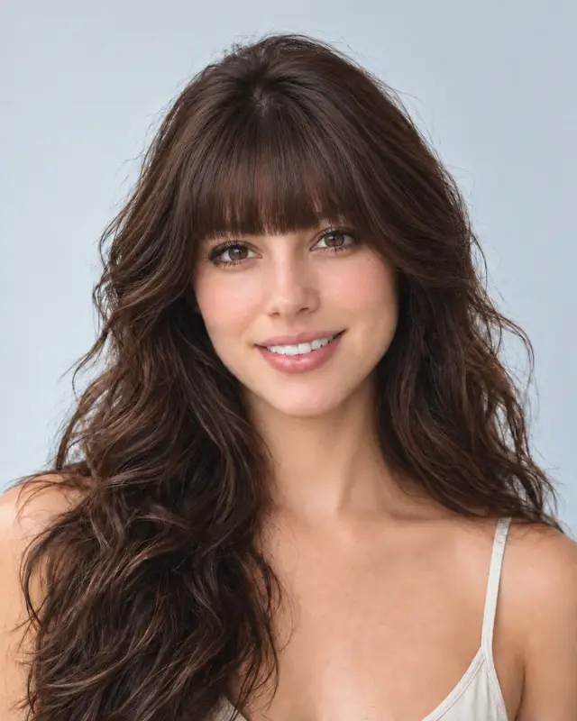 The same model with a full, straight-across blunt fringe