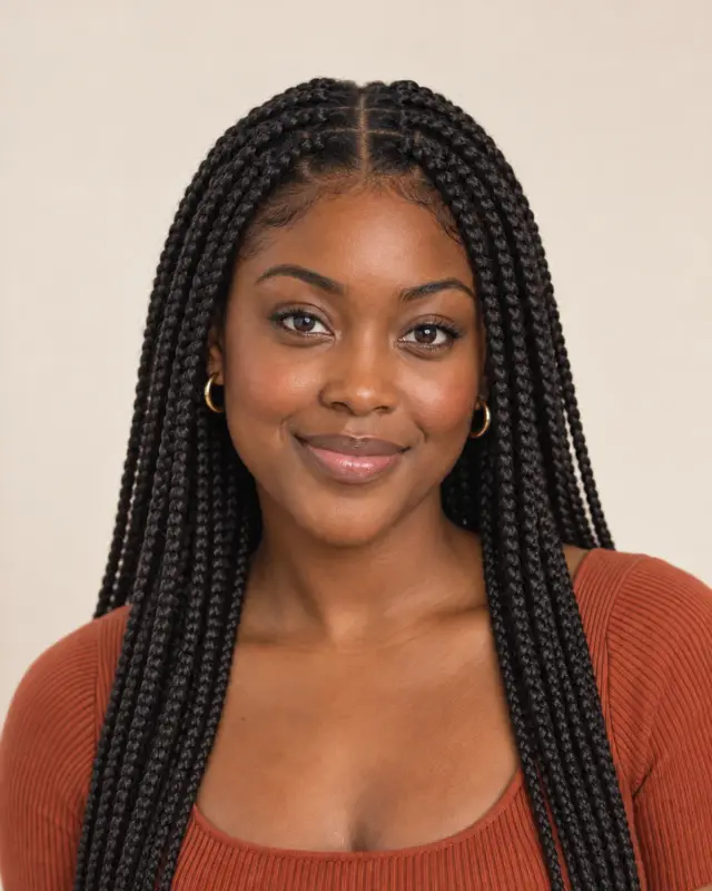 The same model with long, medium knotless braids from a center part