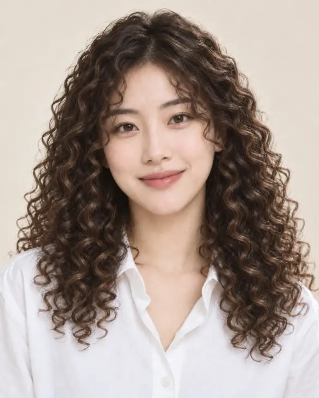 The same model in a curly wig with dark brown spirals and caramel highlights