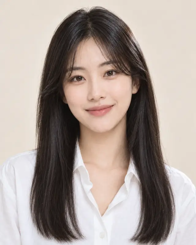 The same model with sleek, straight hair grown to mid-chest
