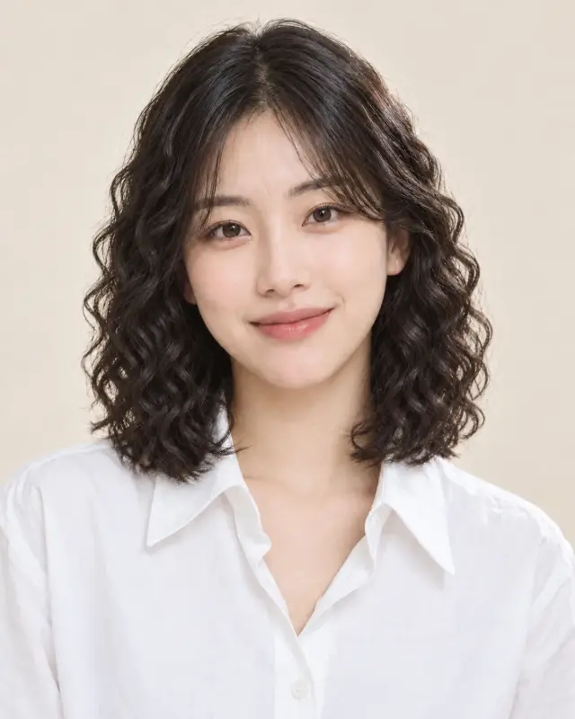 The same model with defined spiral perm curls at the same length