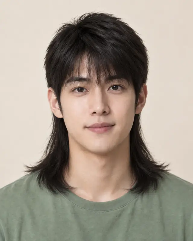 The same model with a classic 80s mullet falling to the shoulders