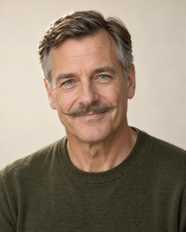 The same man with a salt-and-pepper handlebar mustache