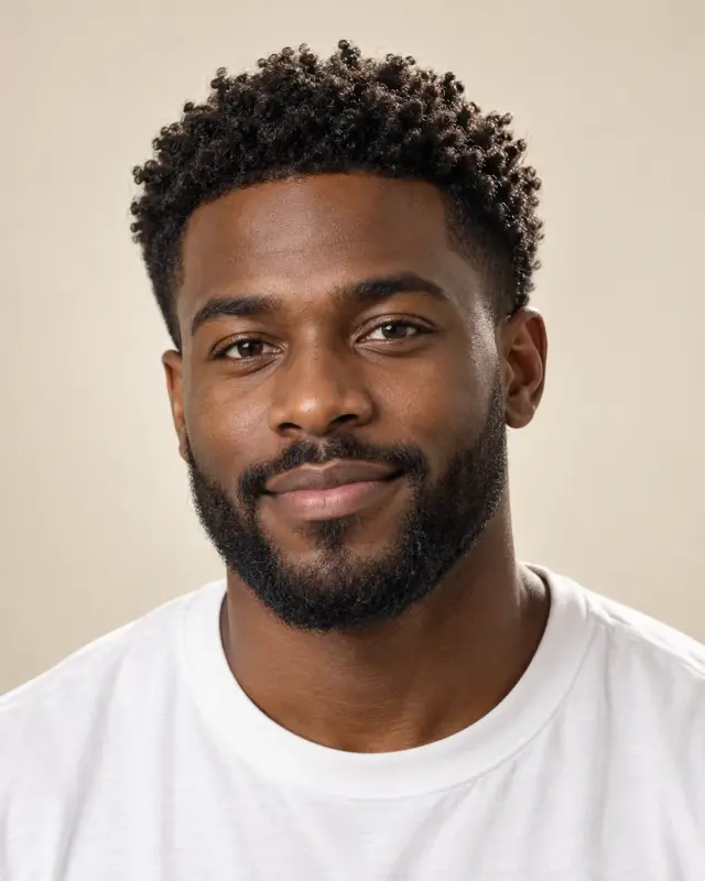 Original portrait with a short, full black beard