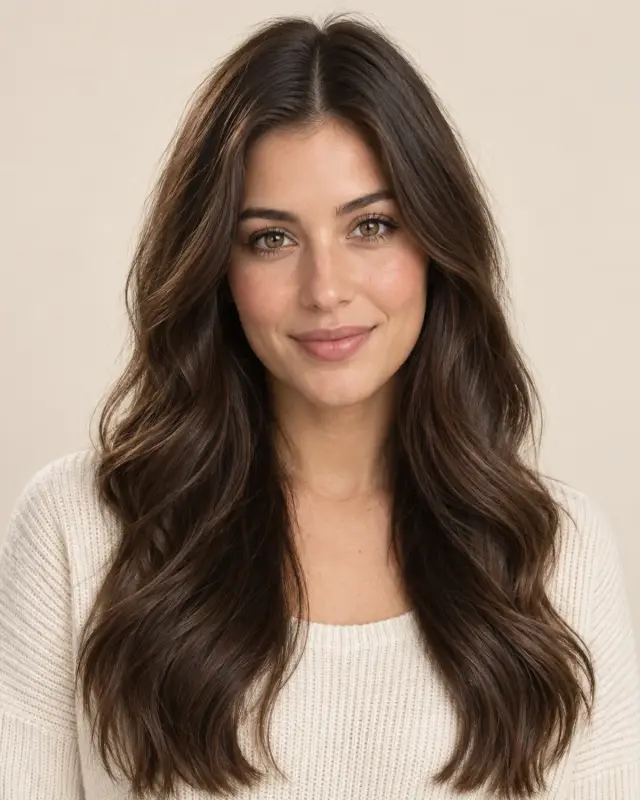 Original long, wavy dark brown hair before the short cut