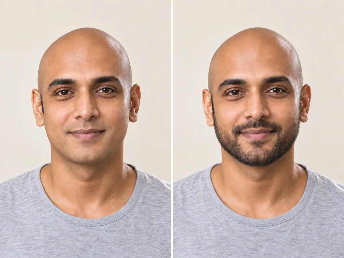A two-panel portrait of the same man with a shaved head, clean-shaven on the left and with a short trimmed beard on the right.