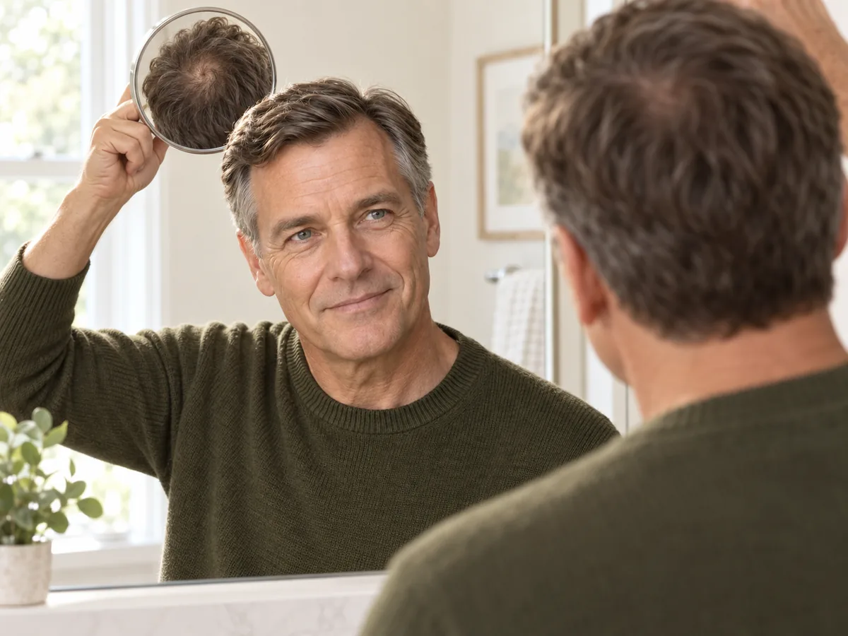 A man in his sixties uses a hand mirror to look at the crown of his head in a bathroom mirror.