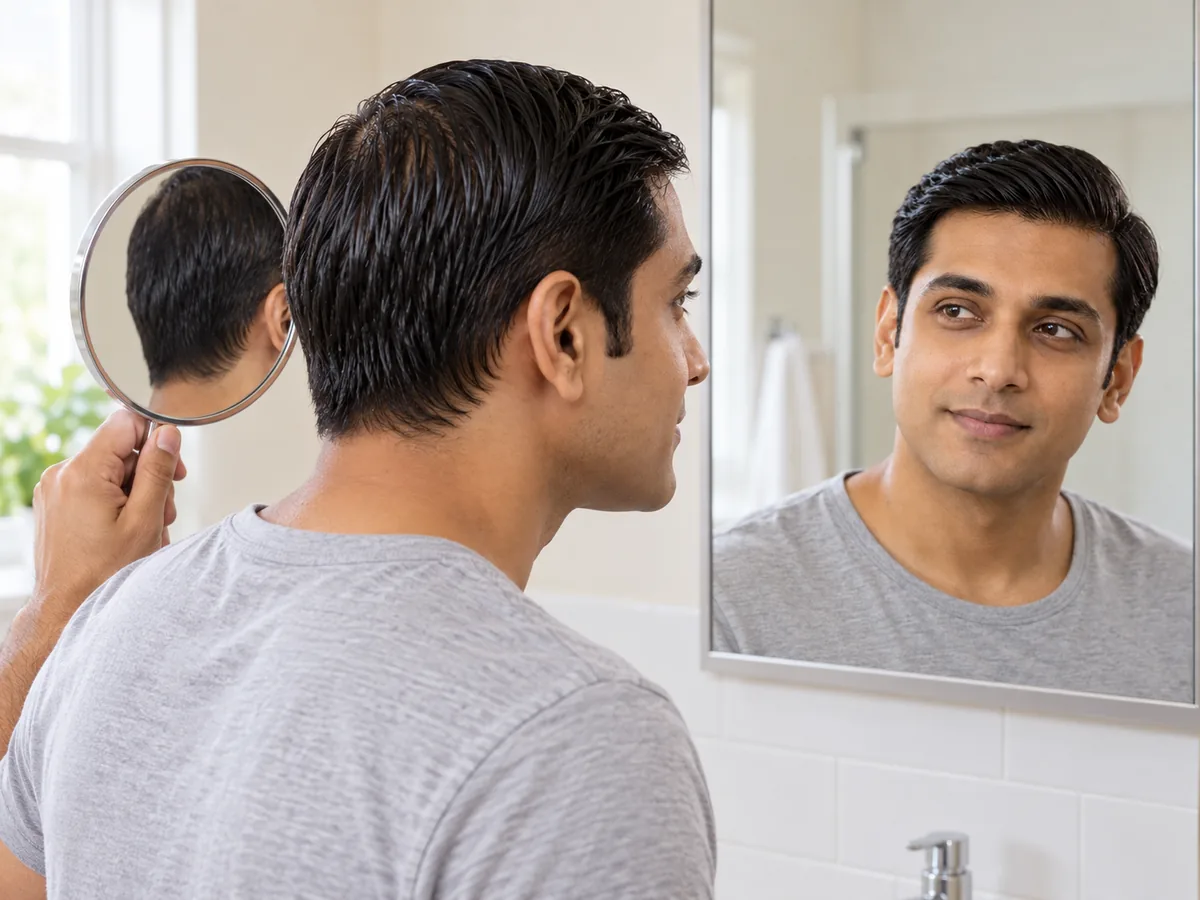 A man with damp hair combed flat against his head checks his profile with a hand mirror in a bathroom.