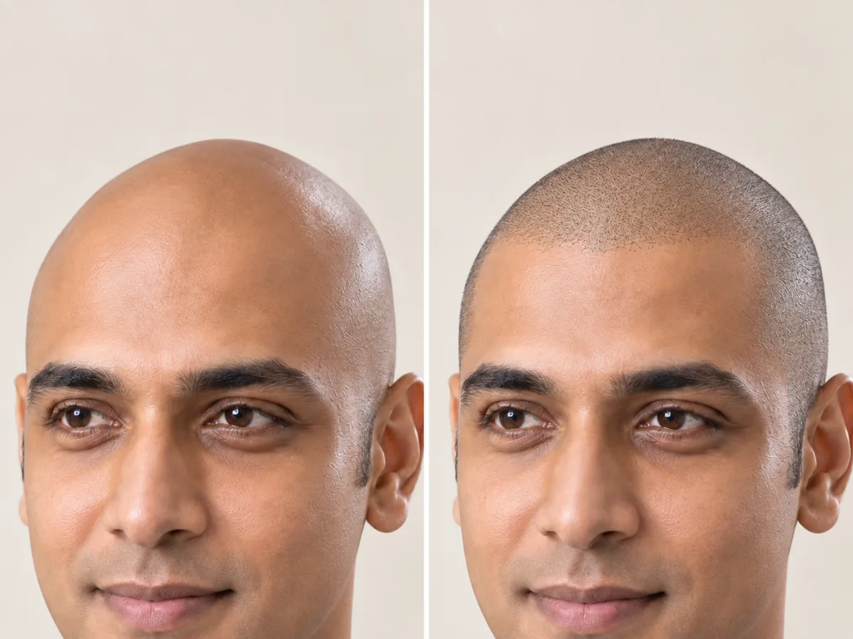 A two-panel close-up of the same shaved head, razor-smooth on the left and with a light stubble shadow on the right.