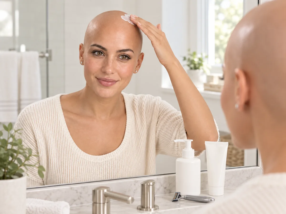 A woman with a freshly shaved head smooths sunscreen onto her scalp at a bright bathroom mirror, a head razor beside the sink.