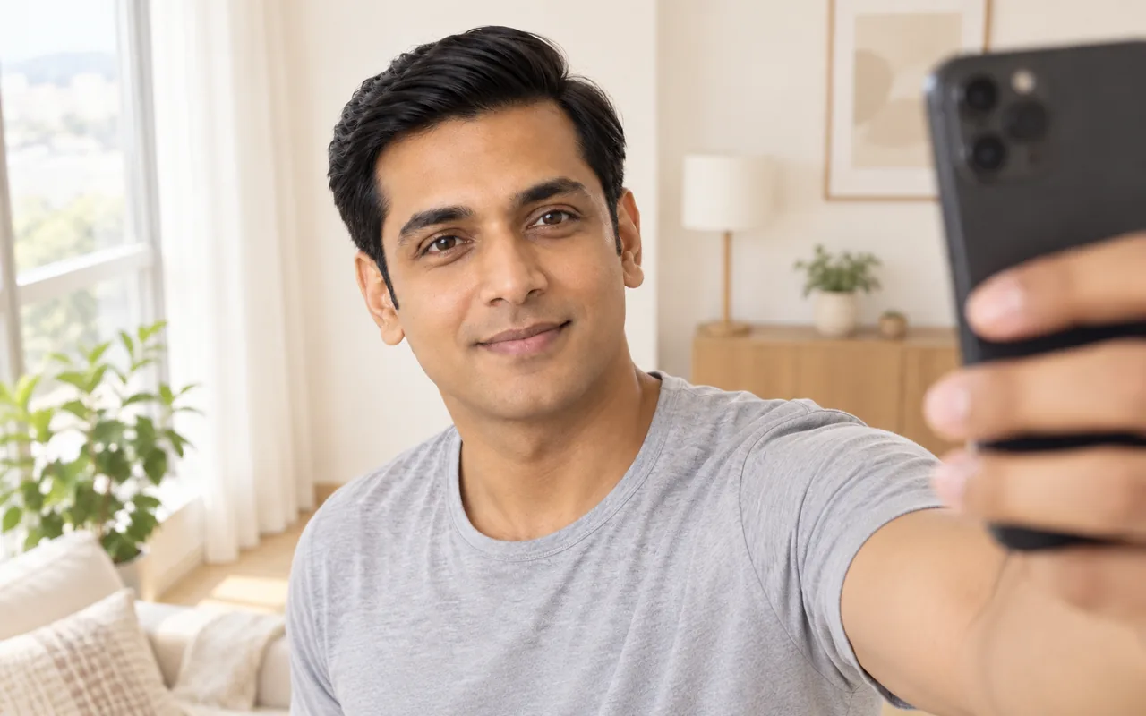 A man with short black hair brushed off his forehead takes a selfie beside a bright window, holding the phone away from his face.