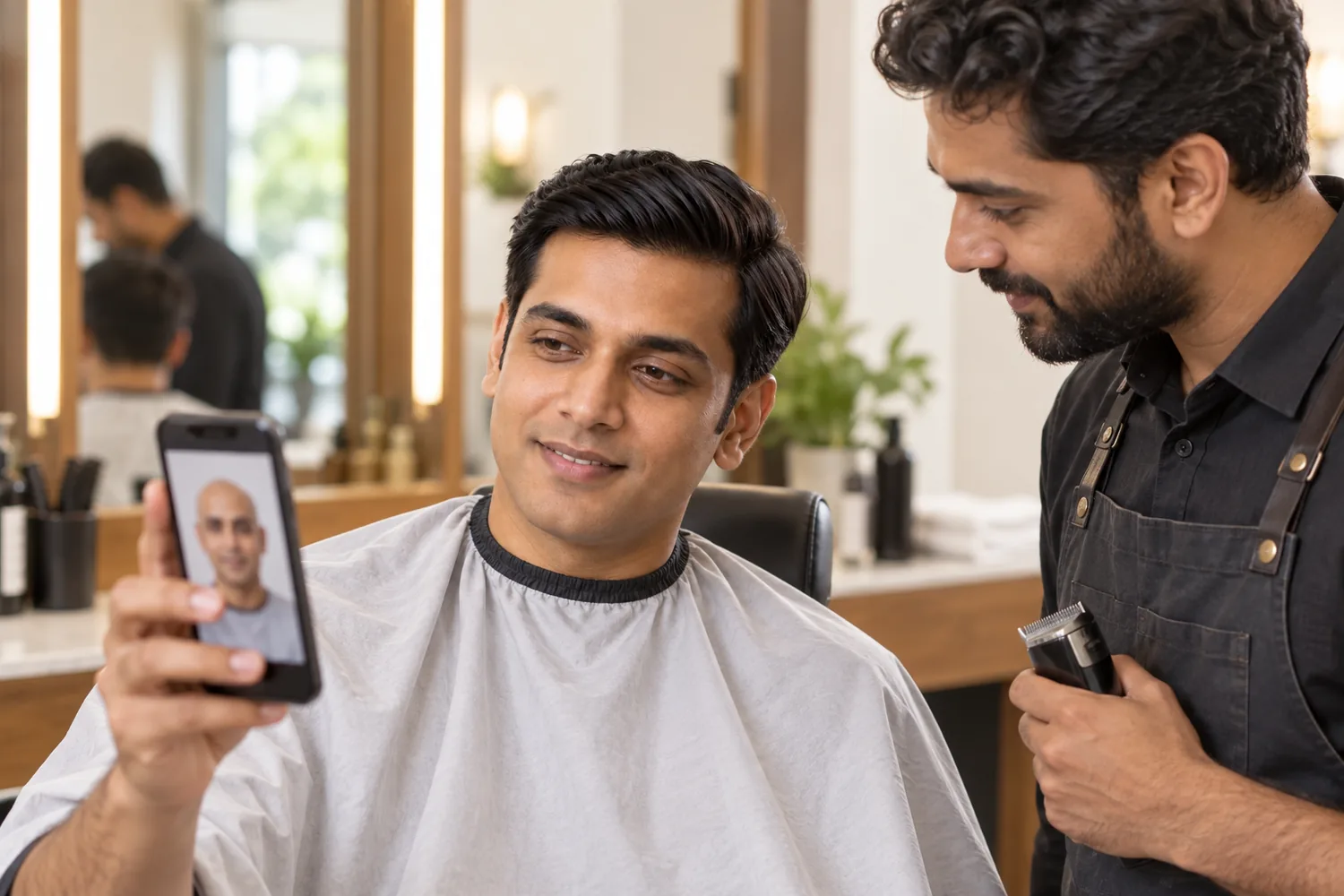 A man shows a bald preview on his phone to his barber, who holds a pair of clippers, in a bright barbershop.