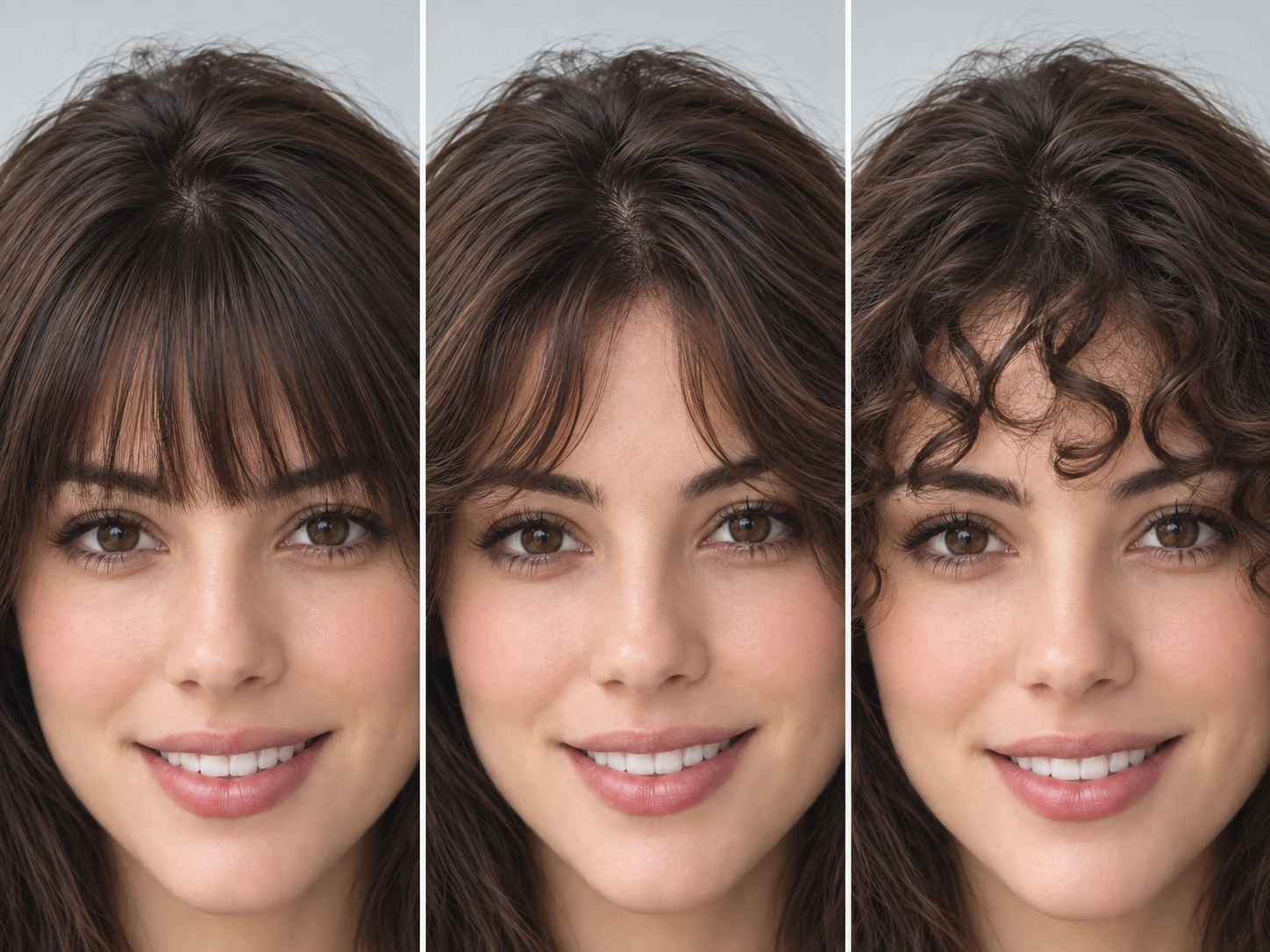 A three-panel close-up comparing straight, wavy and curly bangs.