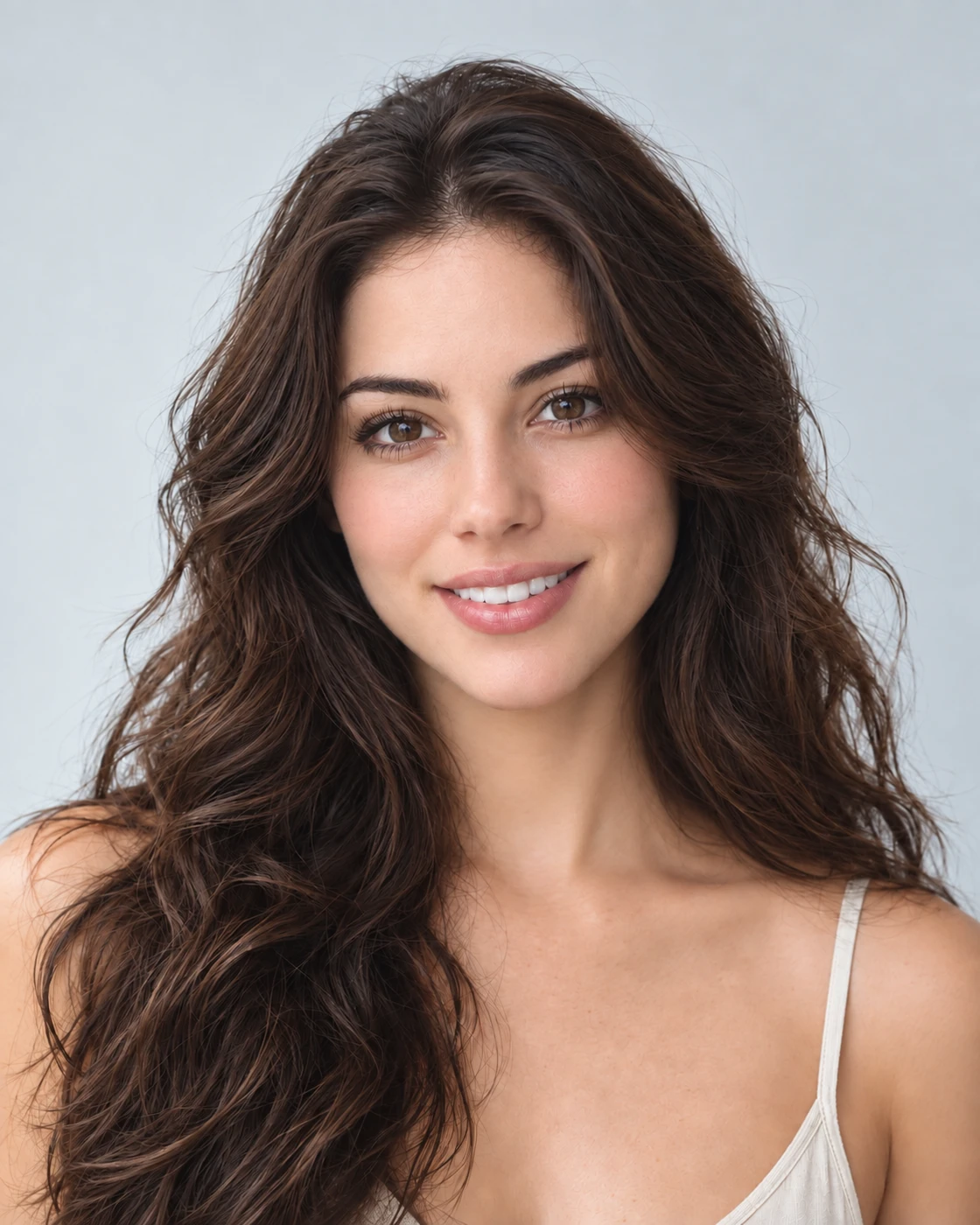 The campaign model with long brunette waves and no bangs.