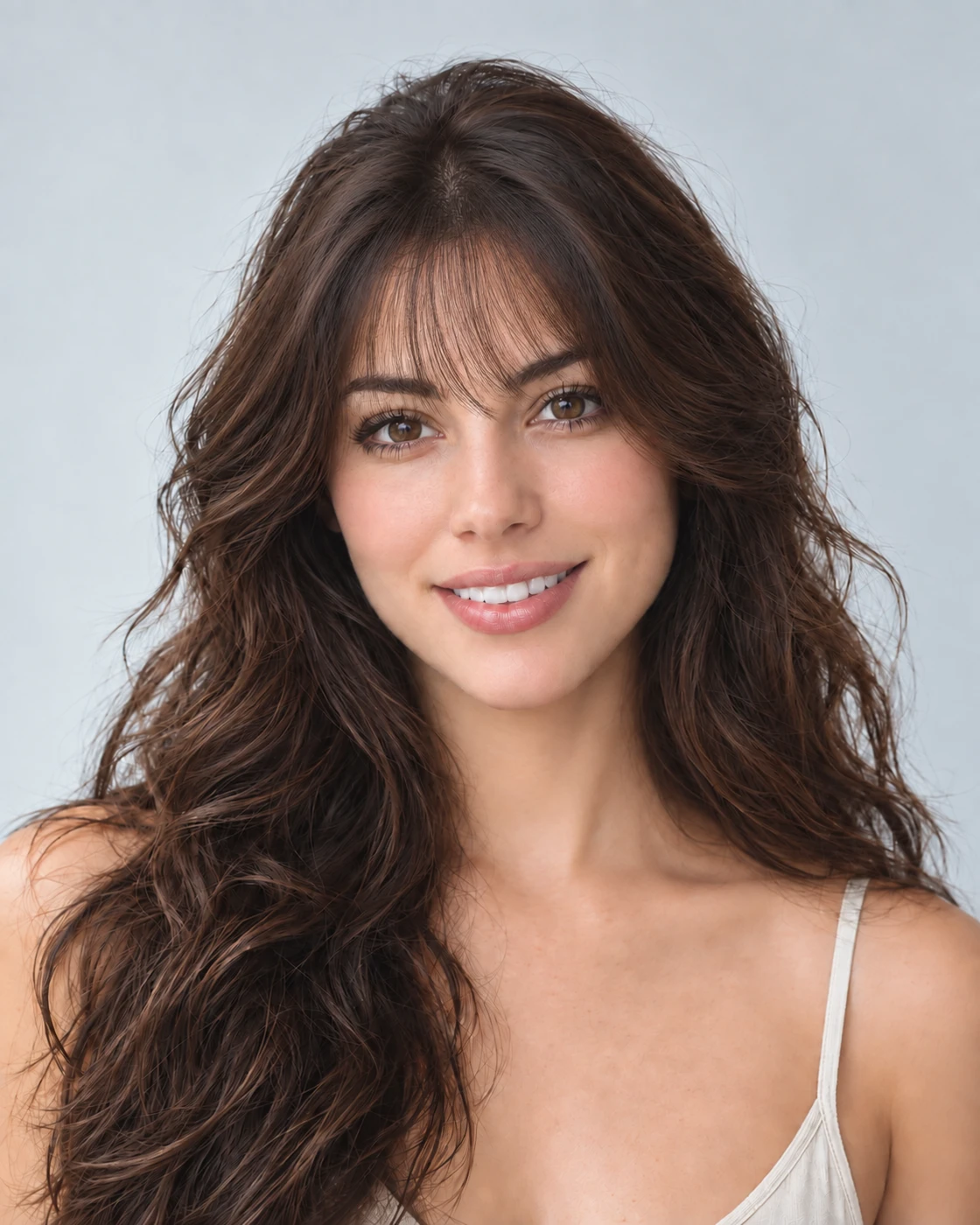 Close-up of soft, wispy bangs with visible spaces between strands across the forehead.