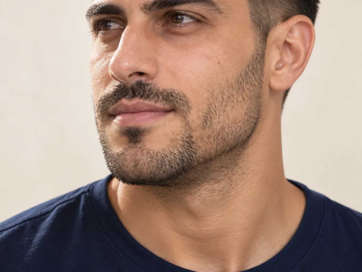 Close-up of a man's cheek and jaw after about two weeks without shaving, with fuller growth on the chin than on the cheeks.