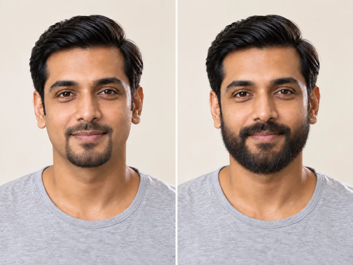 Side-by-side portraits of the same man, one with a goatee and one with a full beard.