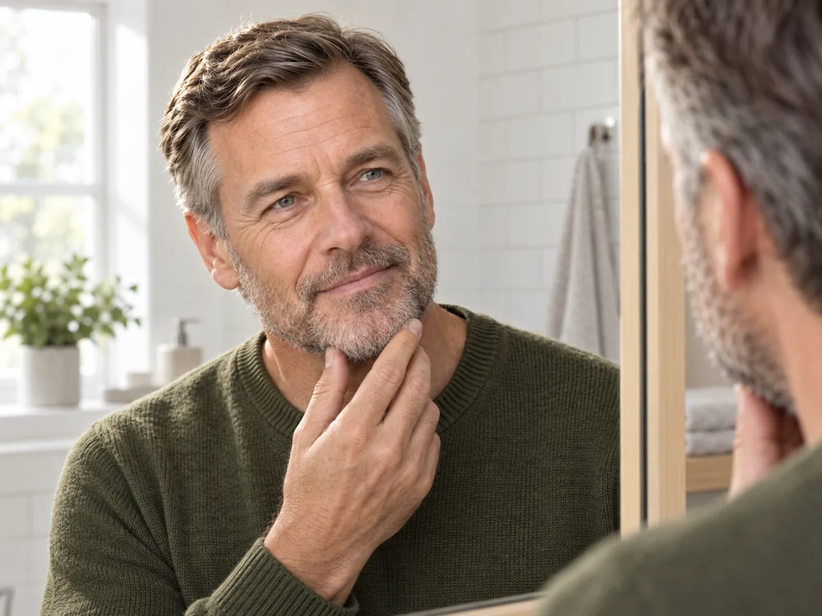 A man with a few weeks of salt-and-pepper beard growth checks it in a bathroom mirror.
