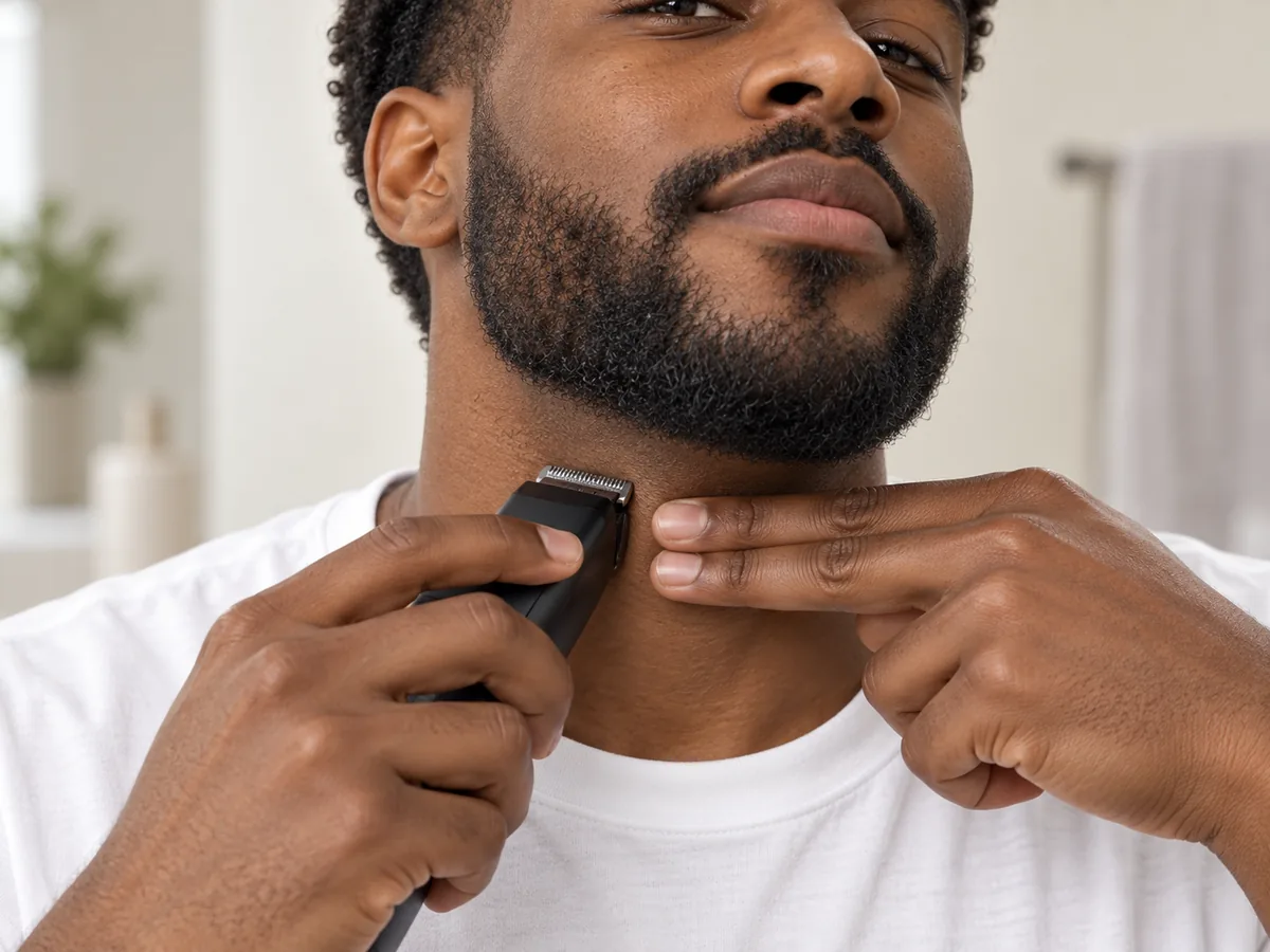 A man trims his beard neckline, using two fingers above his Adam's apple as a guide.