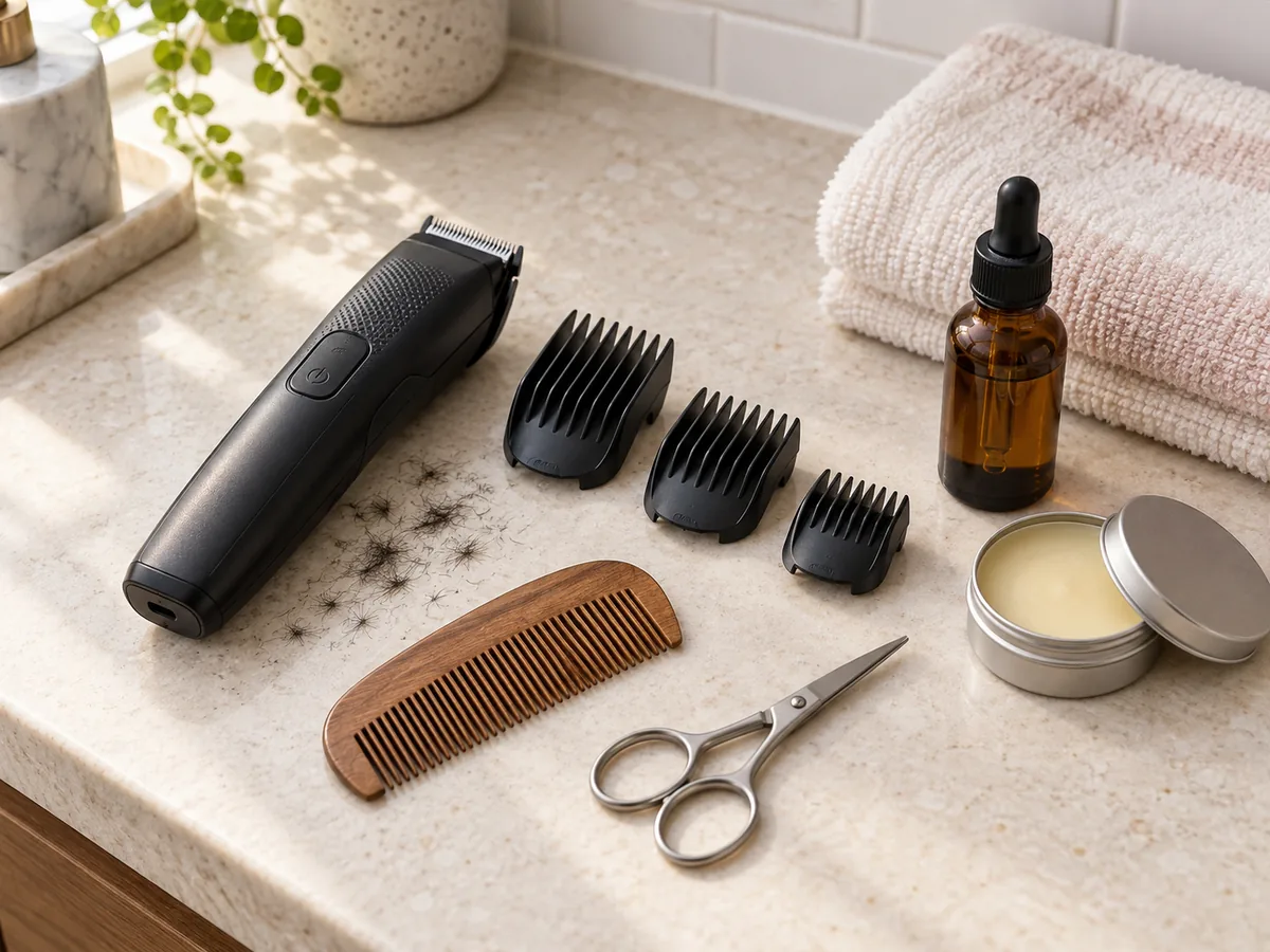 A beard trimmer with guard combs, a beard comb, small scissors and a bottle of beard oil on a bathroom counter.