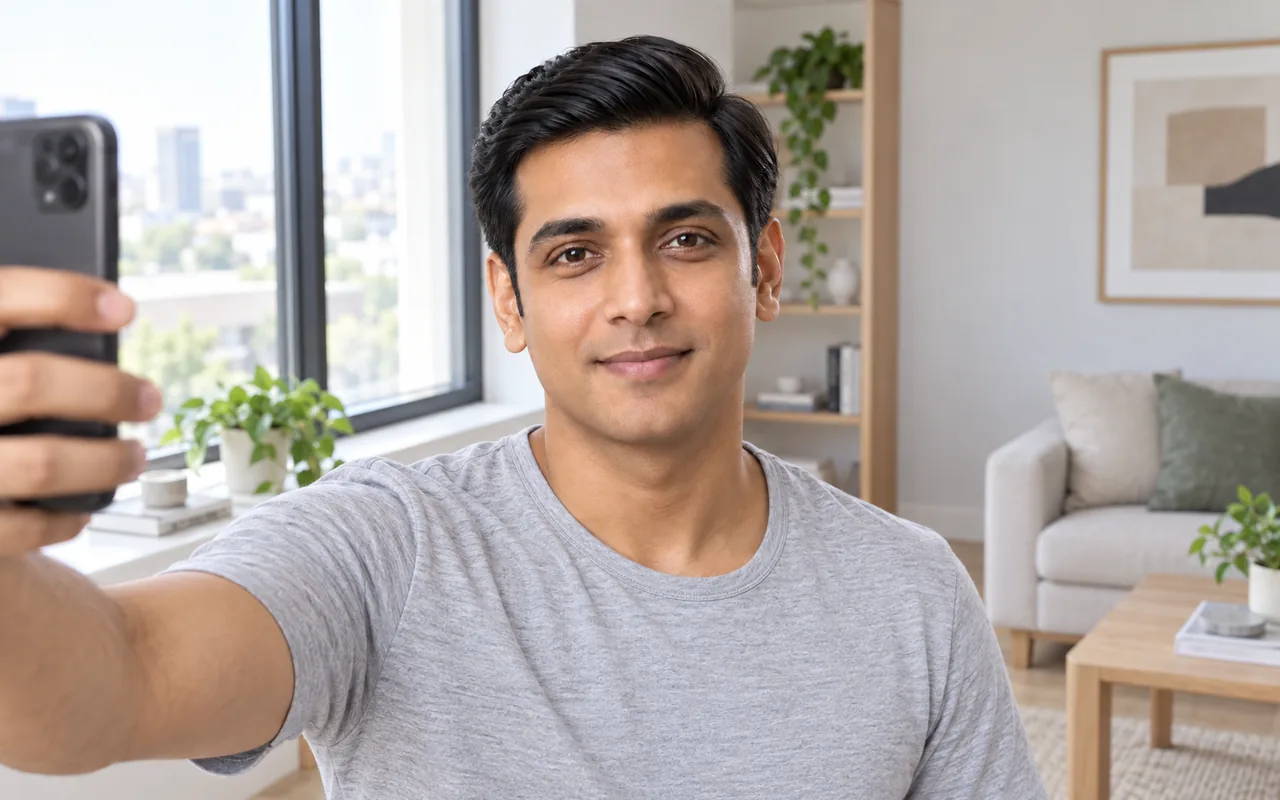 A clean-shaven man takes a selfie beside a bright window, holding the phone at arm's length with his jaw and neck visible.