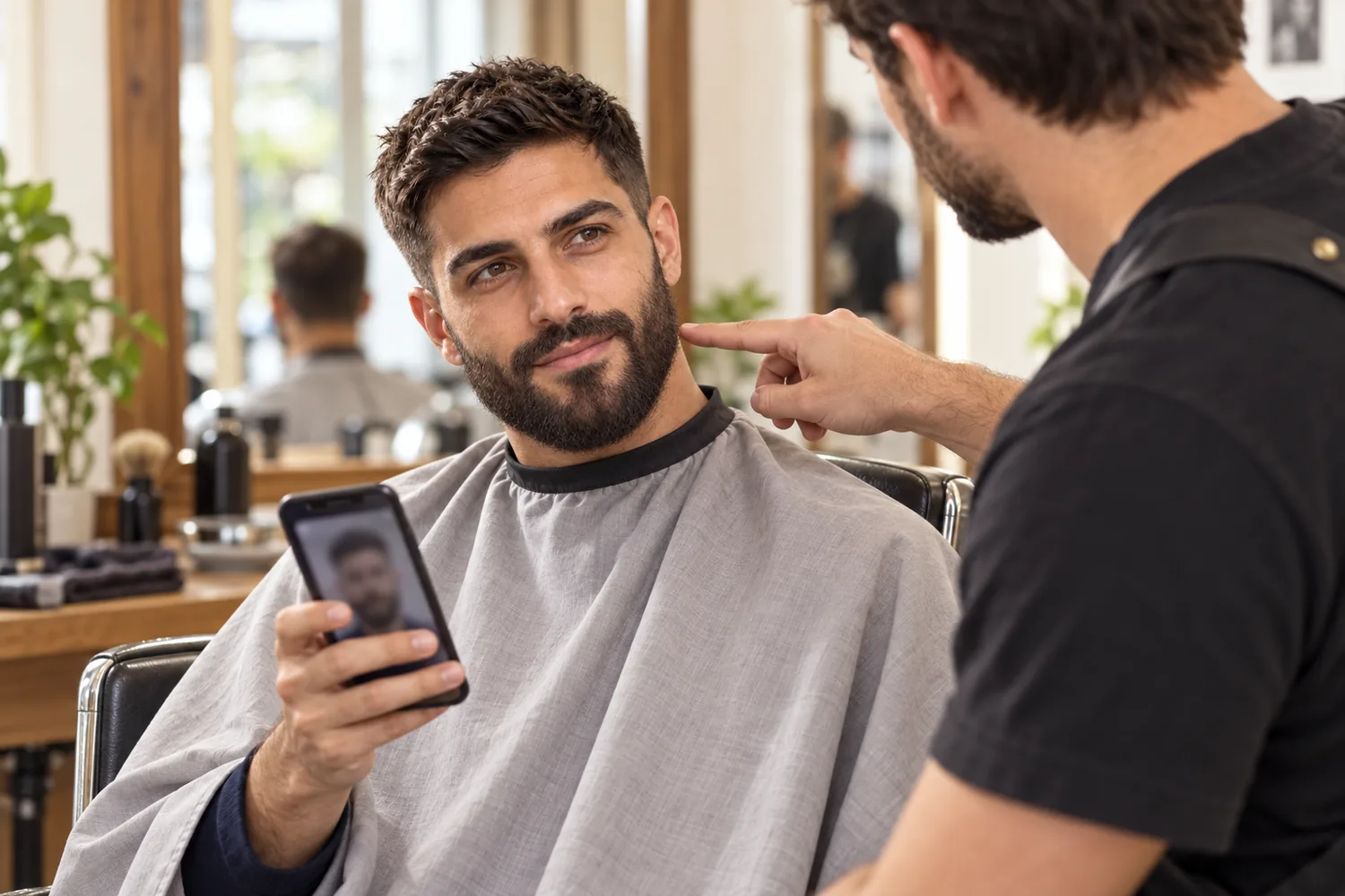 A man in a barber's chair shows a beard preview on his phone while the barber points along his jawline.