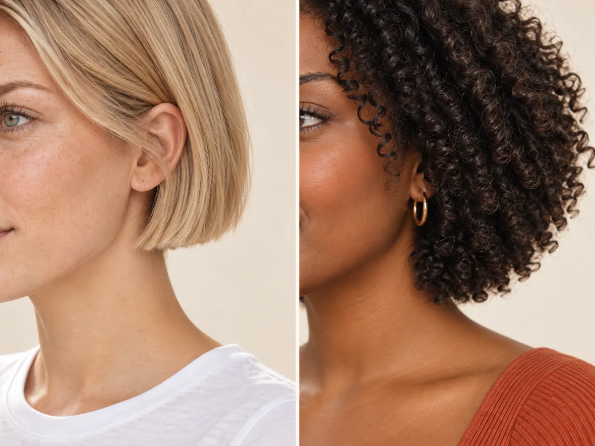 Two close-ups compare fine, straight blonde hair cut in a blunt line with thick, curly hair shaped in rounded layers.