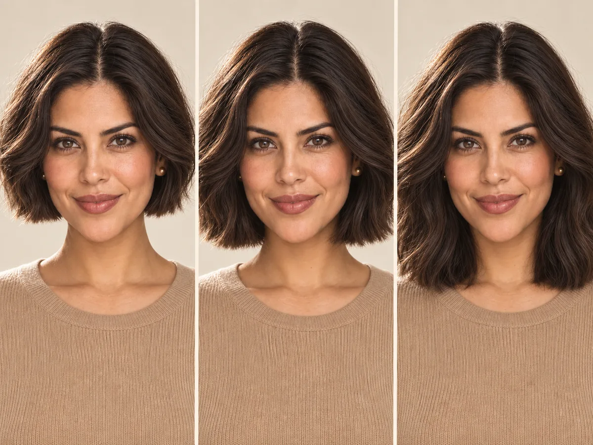 Three side-by-side crops of the same woman with a bob ending at the jaw, the chin and the collarbones.