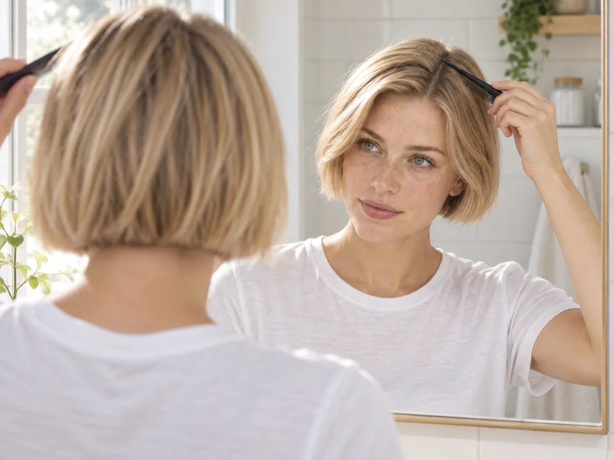 A woman with a short blonde bob uses a tail comb at a mirror to move her part from the middle to the side.