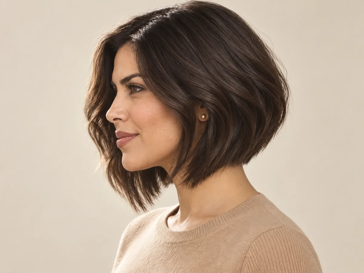 Side profile of a woman with a dark-brown A-line bob, shorter at the nape and longer toward the chin.