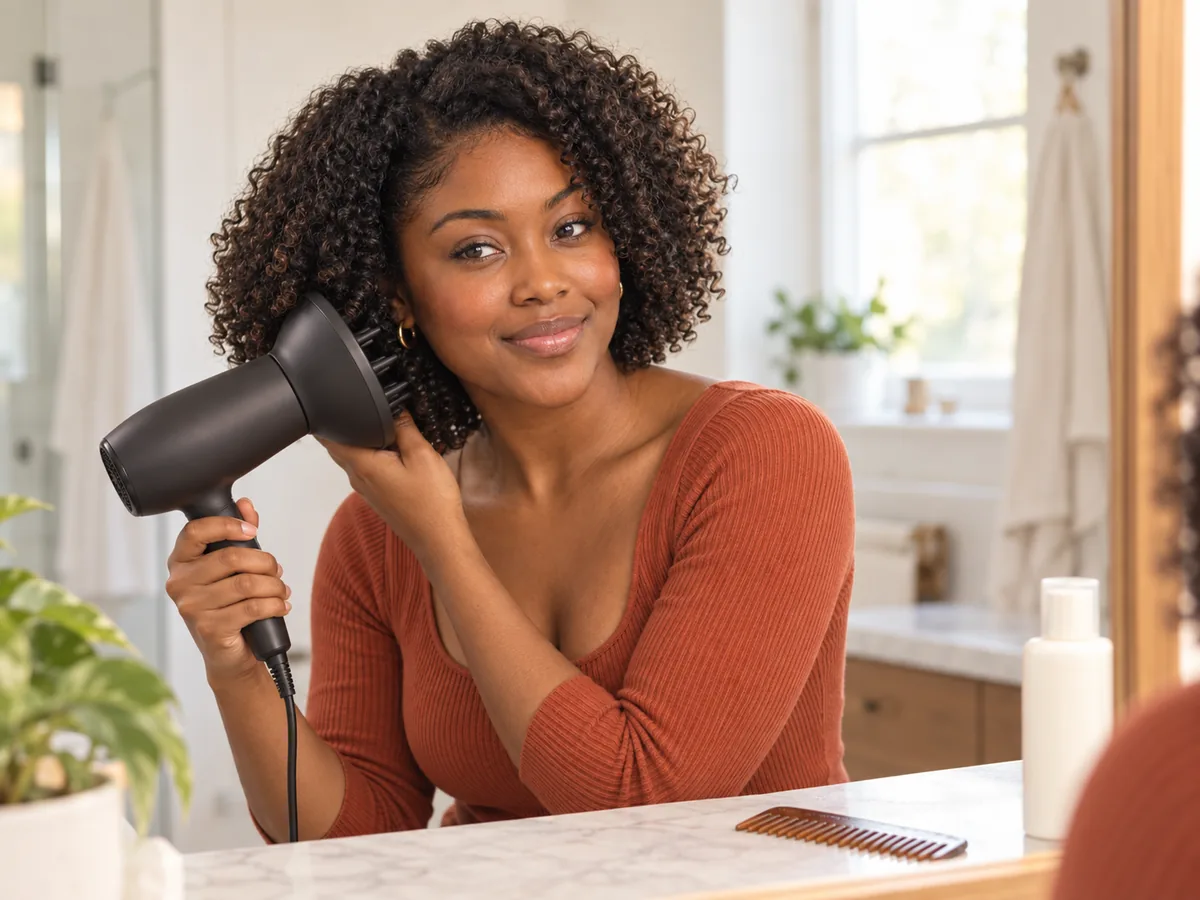 A woman with a curly, jaw-length bob dries her curls with a diffuser at a bathroom mirror.