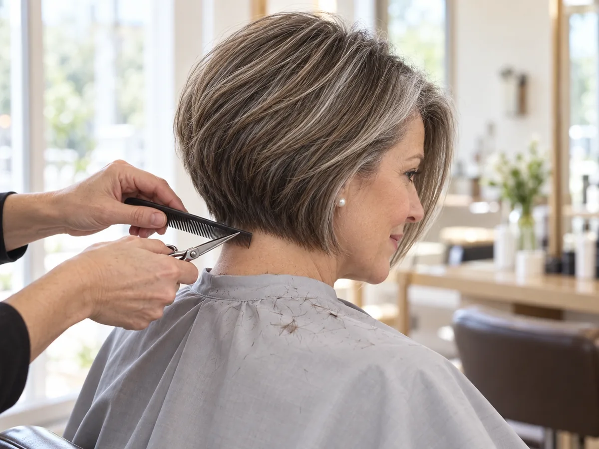 A stylist trims the nape of a woman's gray-streaked stacked bob with scissors and a comb.