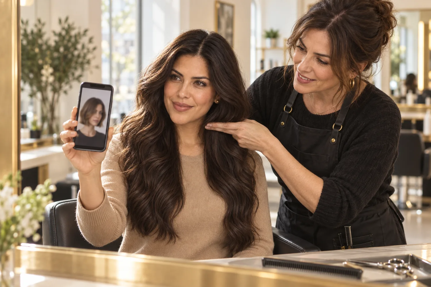 A client shows a bob preview on her phone while her stylist holds a section of her long hair at jaw level.