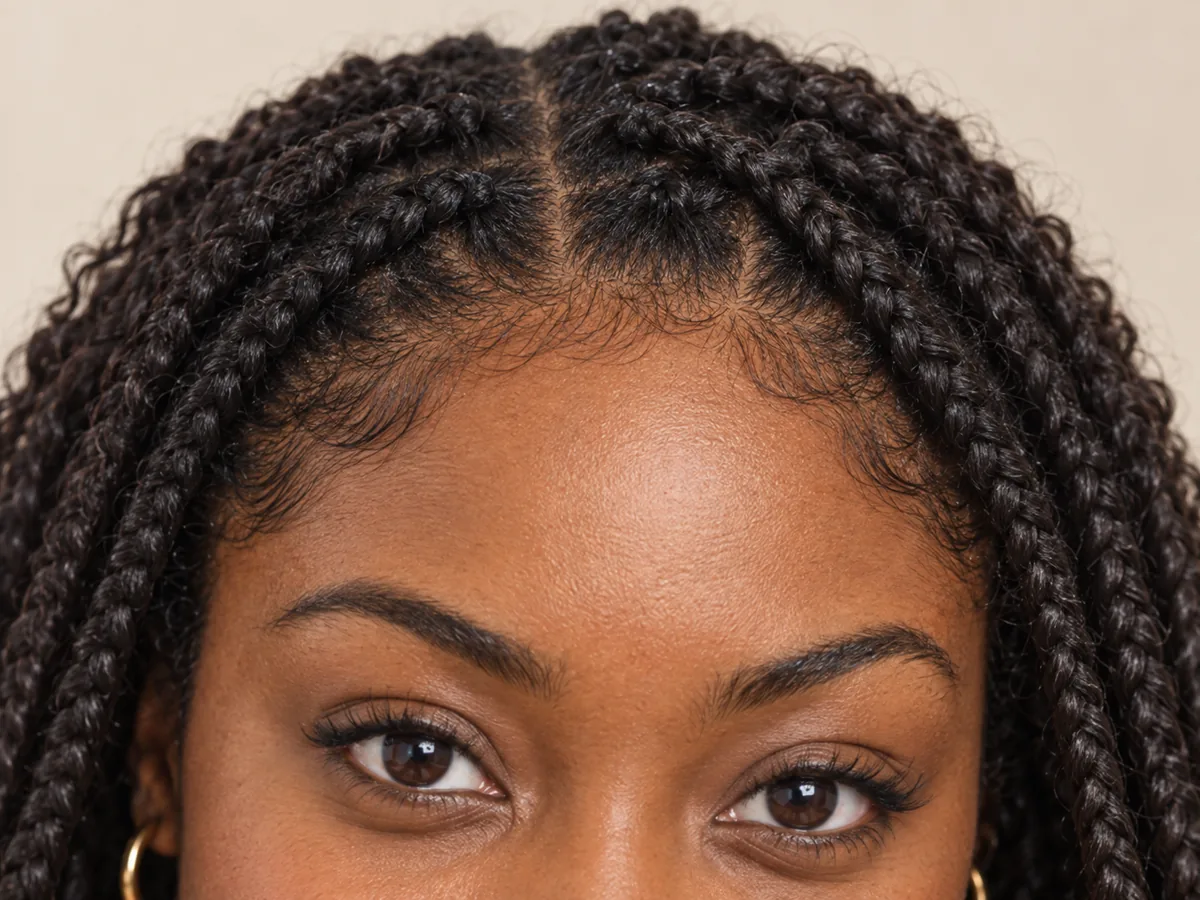 Close-up of a hairline with loosely installed front braids and soft baby hairs, with no pulling at the roots.