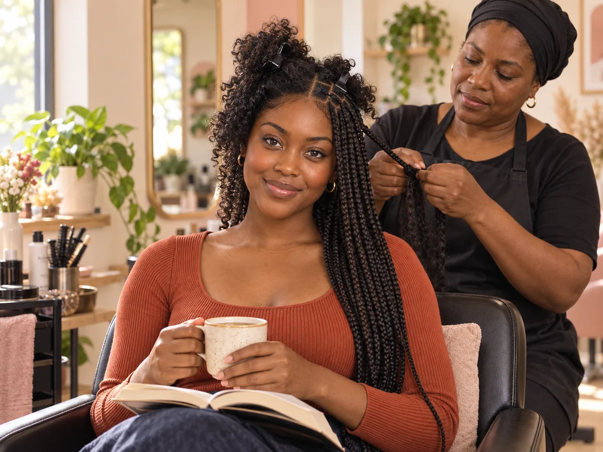 A client relaxes in a salon chair while a braider works on a partly finished head of box braids.