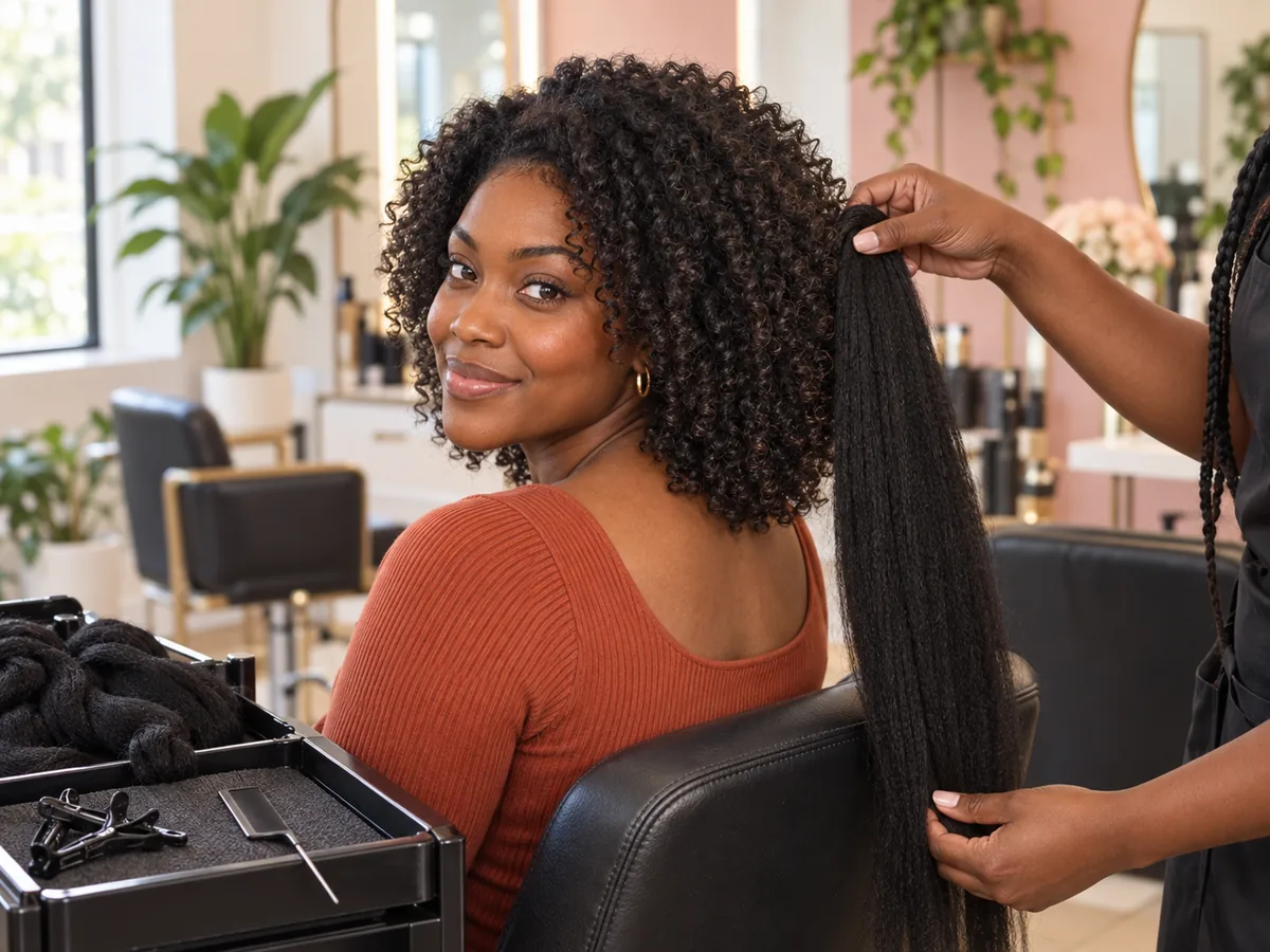A braider holds a bundle of braiding hair beside a client's natural hair to match the color and plan the length.