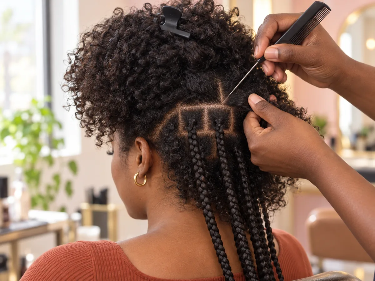 A braider uses a rat-tail comb to section natural coily hair into neat square parts.