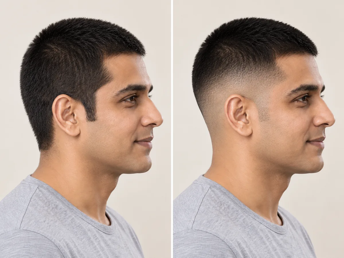 Side profiles of the same man with an even #2 buzz and with a skin fade at the sides.