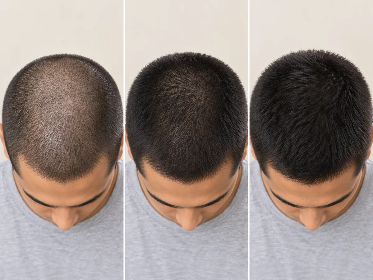 Three close-ups of the top of a head clipped with a #0, a #2 and a #4 guard, with less scalp showing at each step.