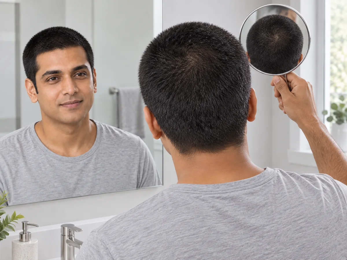 A man with a short buzz cut holds a hand mirror to see the back of his head in a bathroom mirror.