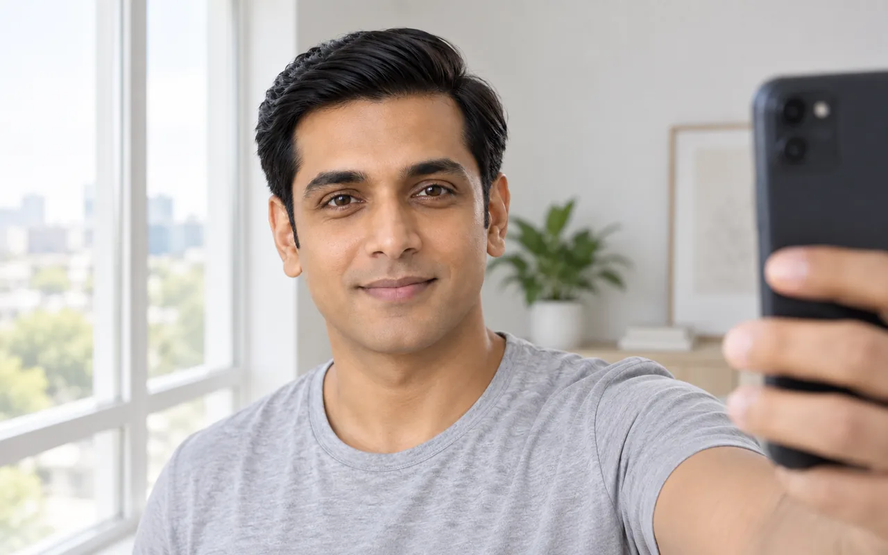 A man with his hairline visible takes a selfie beside a bright window, holding the phone away from his face.