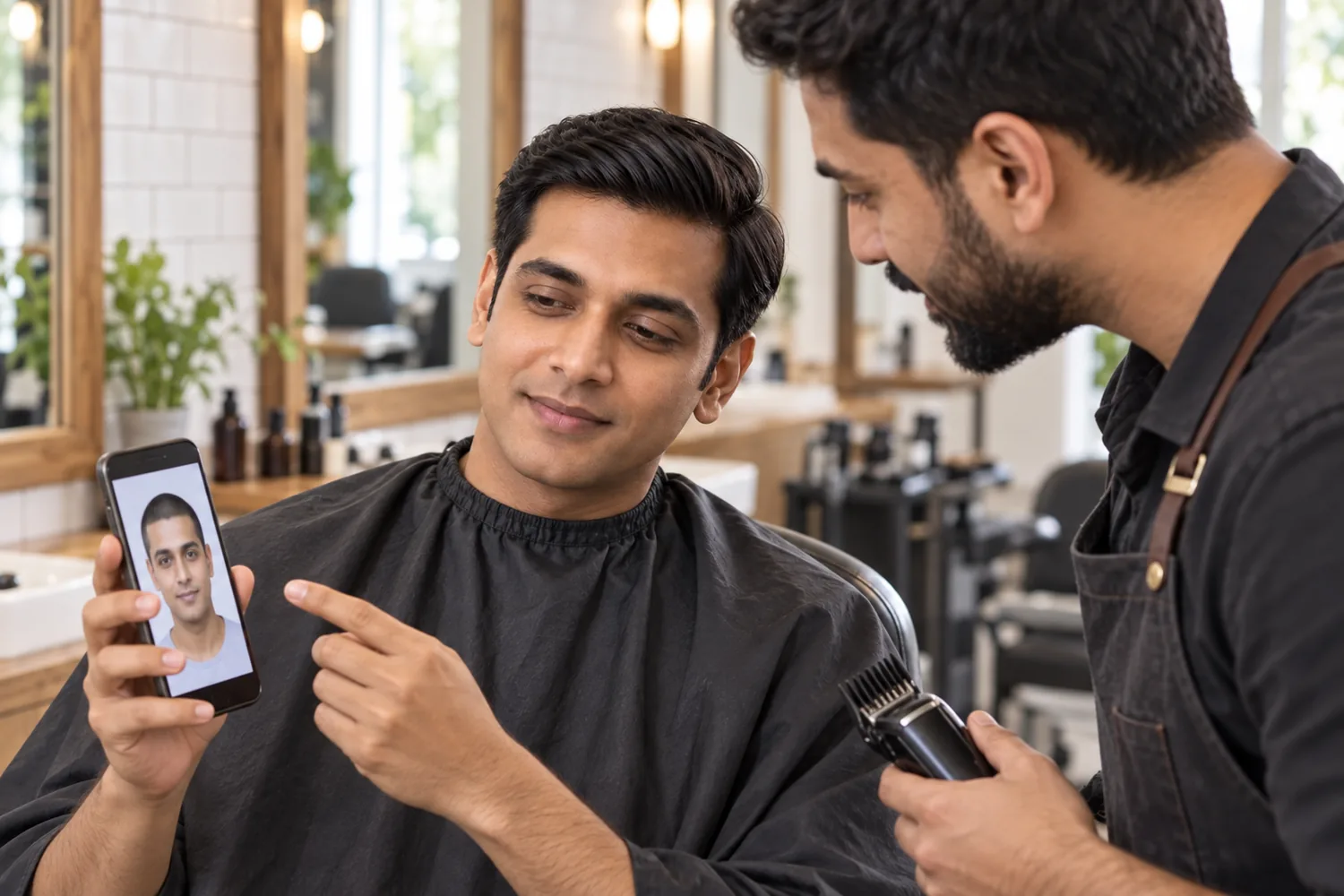 A man shows a buzz cut preview on his phone to a barber holding clippers in a bright barbershop.