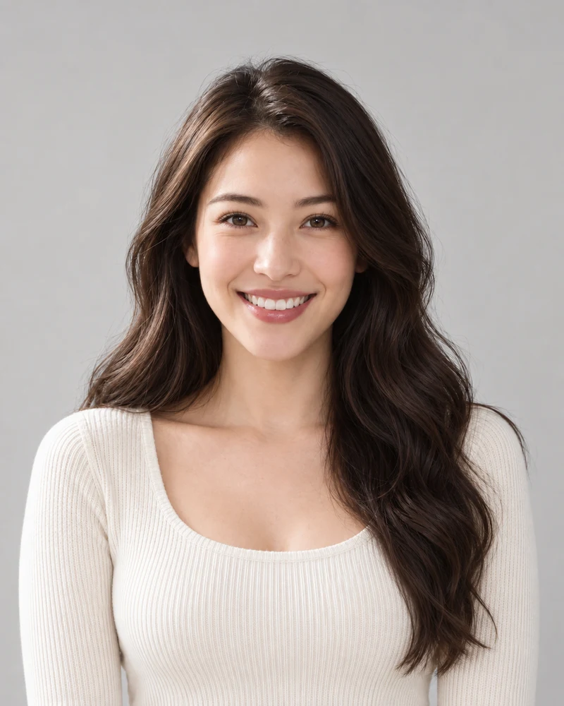 The female example model with her original dark brown waves