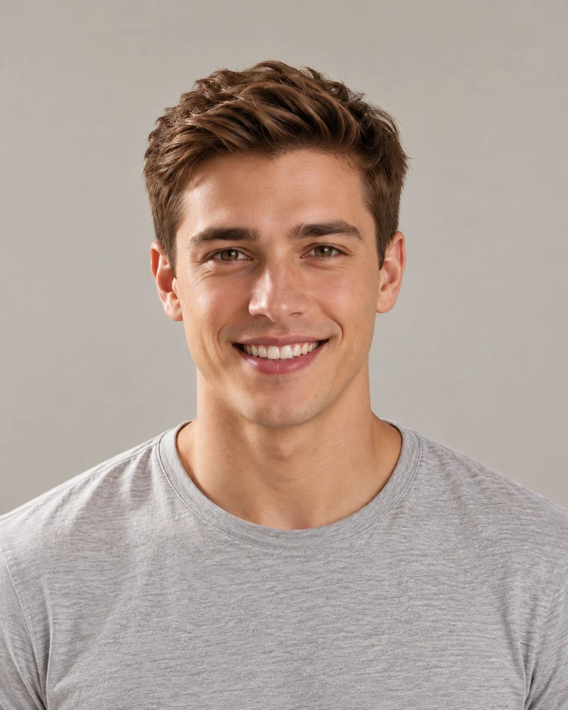 A crop of the male model's original chestnut hair and temples
