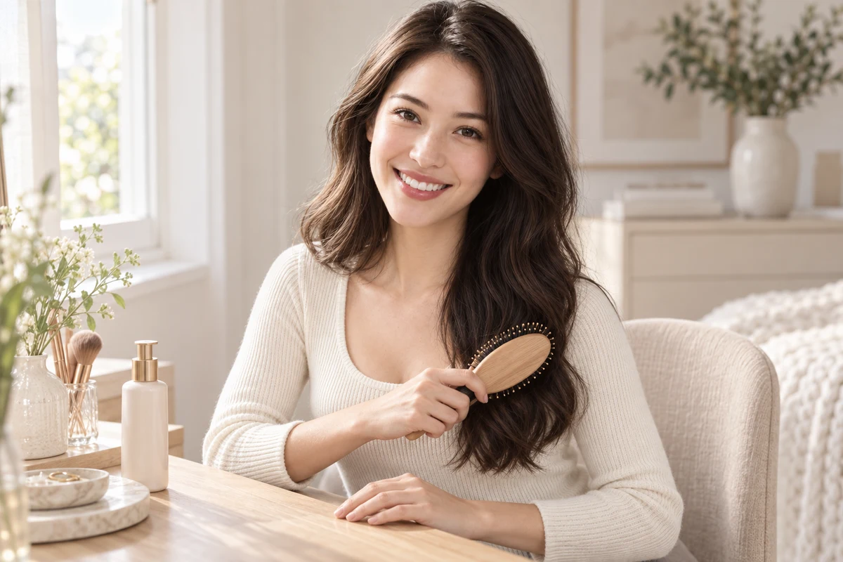 The same female model brushing her dark-brown waves at a light oak dressing table.
