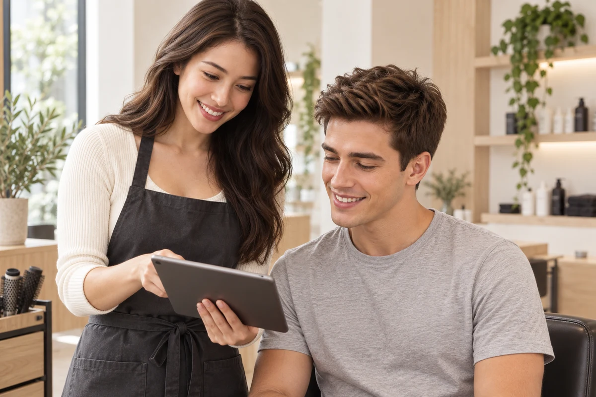 The approved male model and female stylist discussing a haircut reference on a tablet in a bright salon.