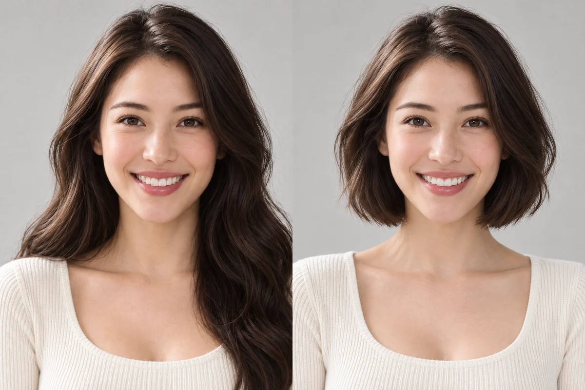 The approved female model with long dark-brown waves and a chin-length bob, shown side by side.