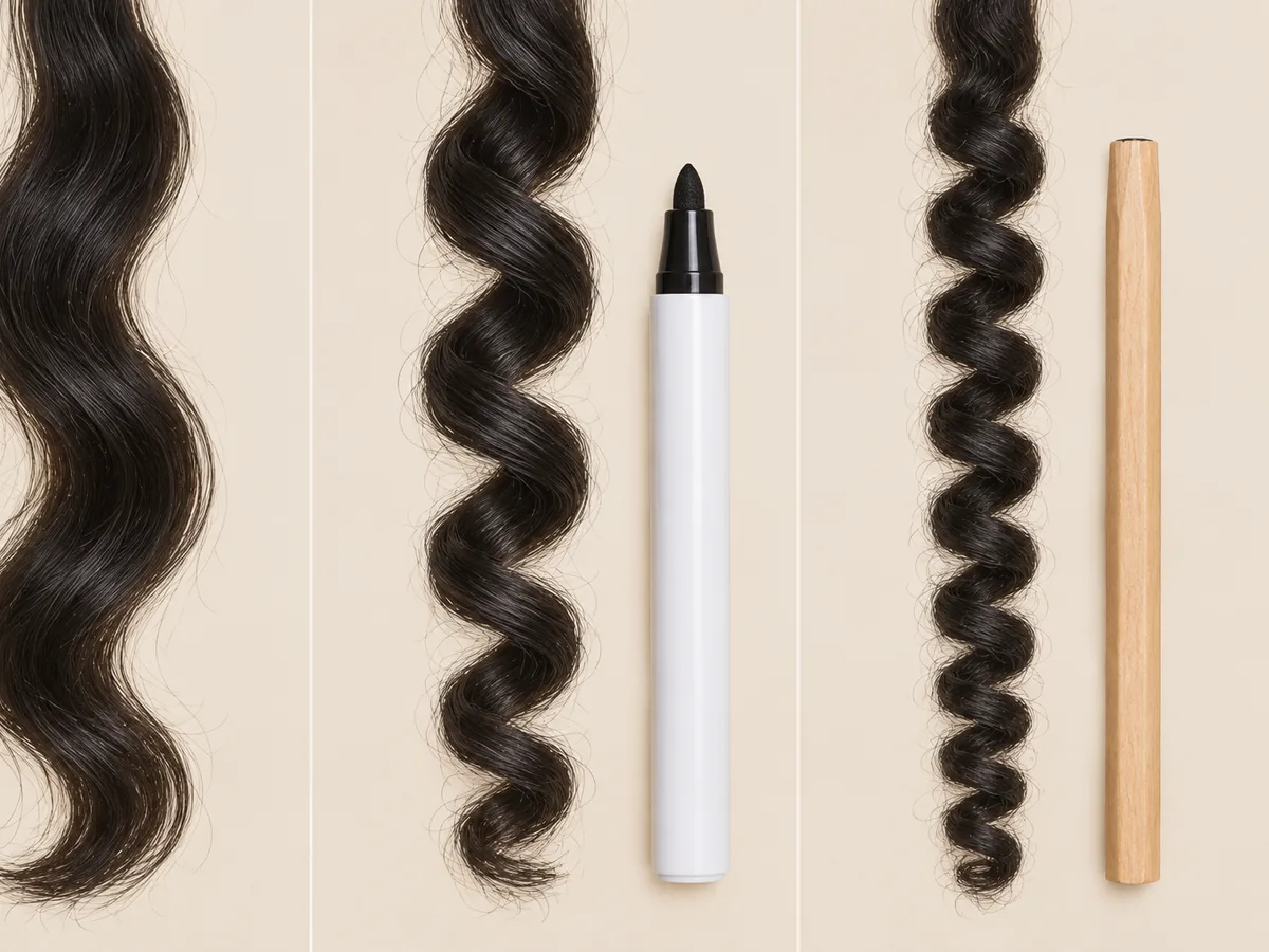 Three close-ups of black hair: a loose S-wave, a spiral curl beside a marker and a tight coil beside a pencil.