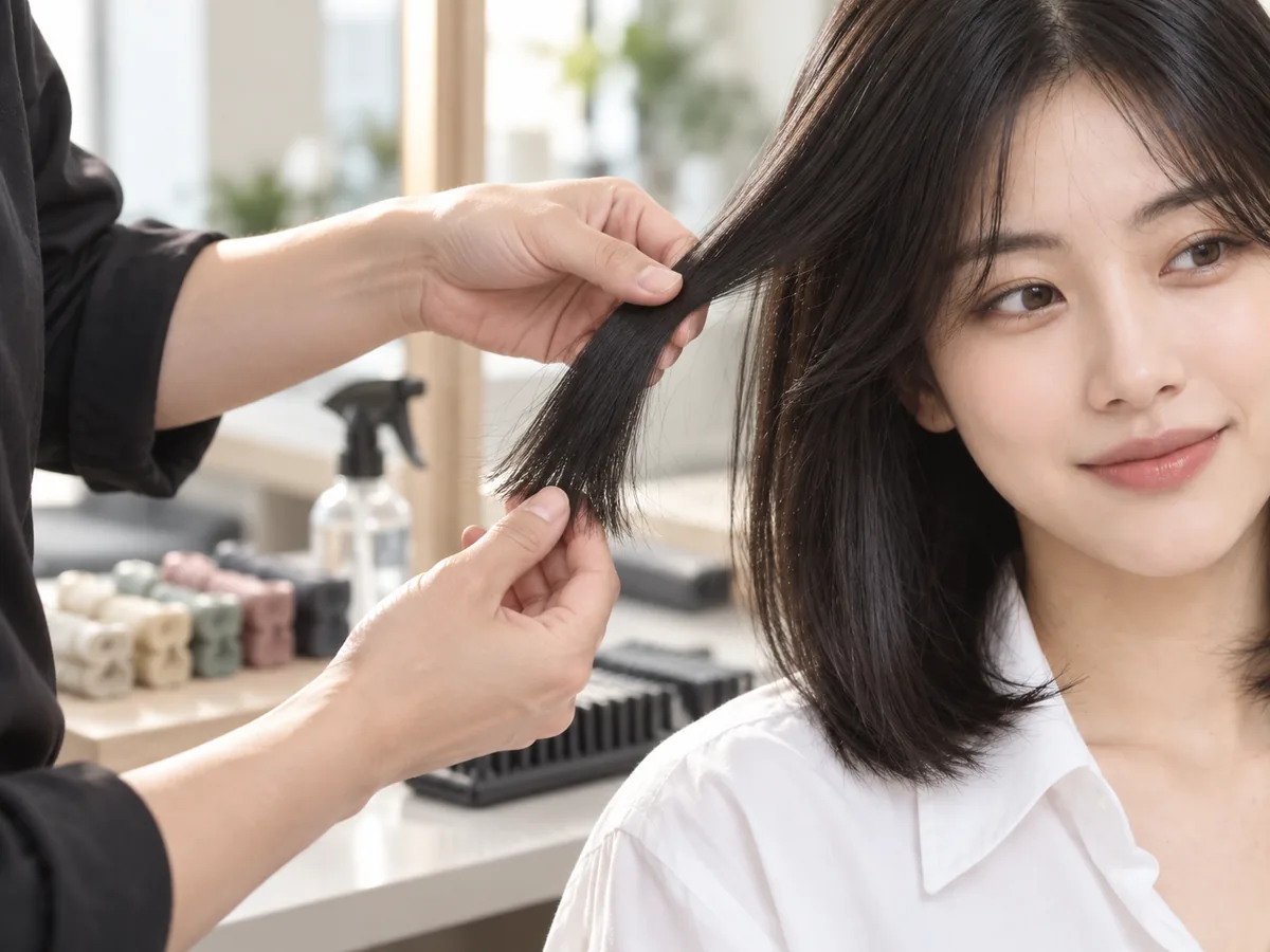 A stylist holds a strand of a client's straight black hair between her fingers, with perm rods on the salon counter.