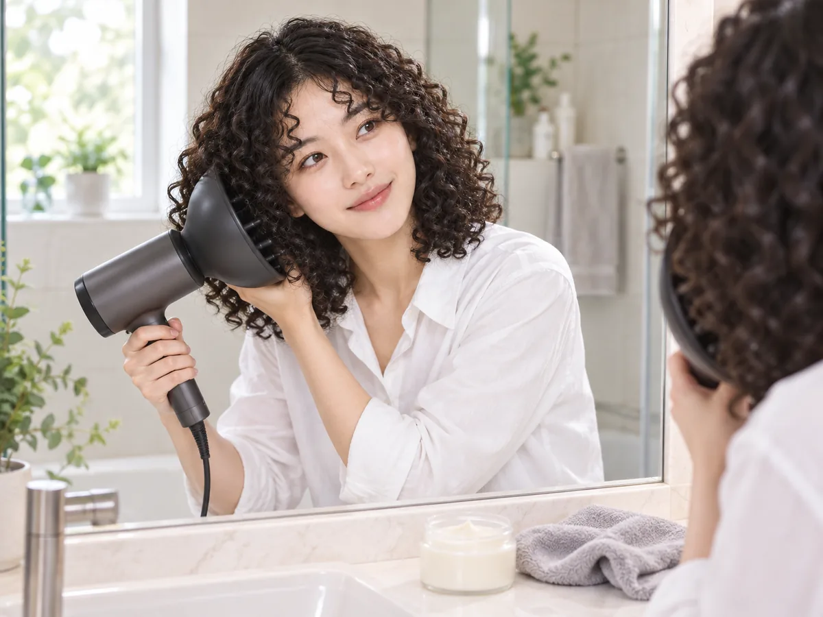 A woman with shoulder-length spiral curls dries her hair with a diffuser attachment at a bright bathroom mirror.